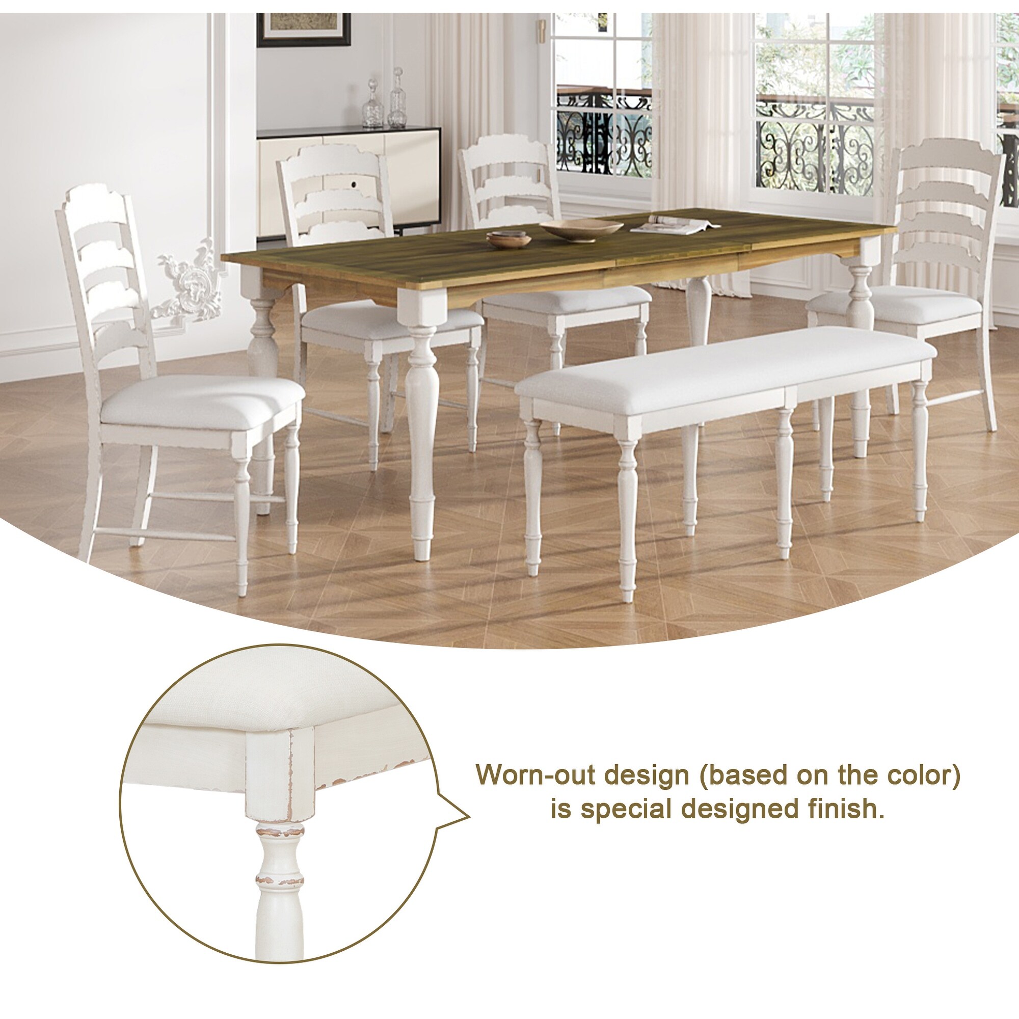 Extendable Cream Brown Dining Table Chairs Sets with Bench 6 Pieces